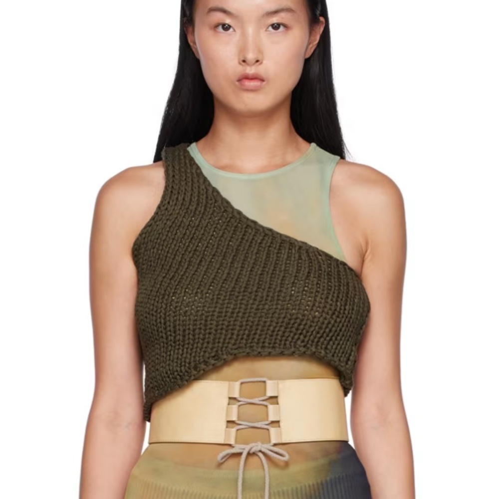 Paloma Wool Olive One-Shoulder Cropped Knit Top